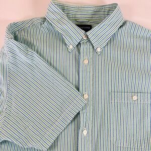 Lands End L 16-16.5 Seersucker Shirt Short Sleeve Blue Green Stripe Button Down